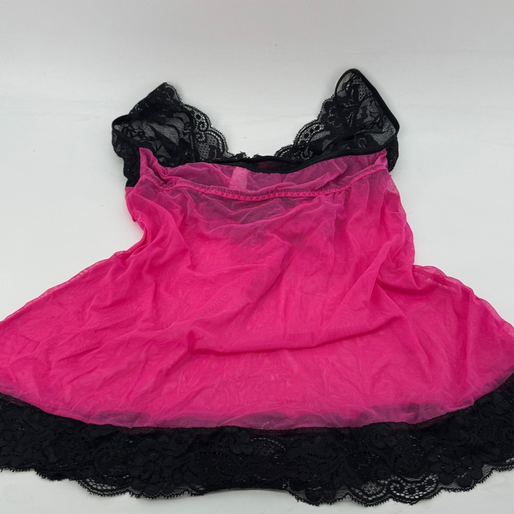 Fredericks of Hollywood Hot Pink Black Lace Mesh Halter Babydoll Chemise Medium - Picture 3 of 6